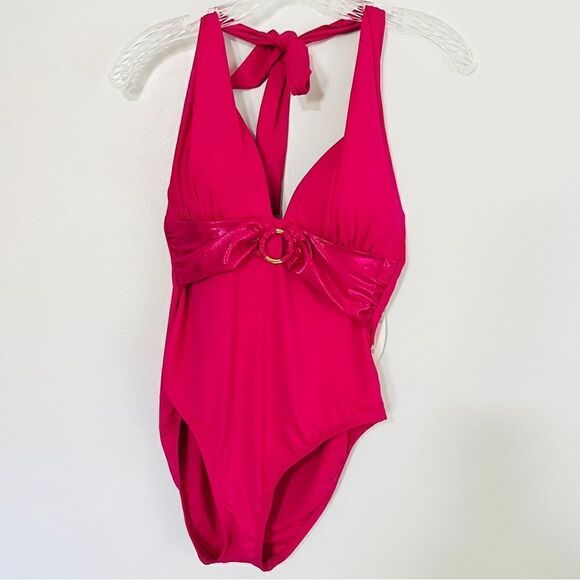 NWT New Mynah One Piece Halter Swimsuit Magenta Faux Belt Small Pink - Picture 1 of 7